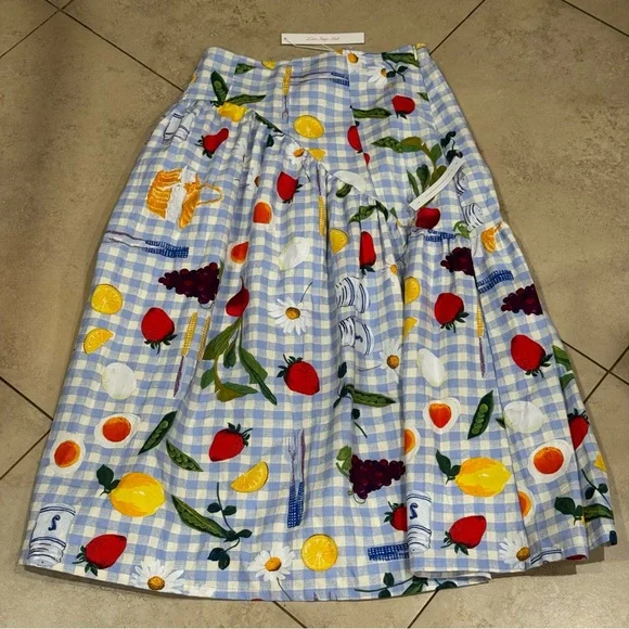 NWT Lisa Says Gah Maeve Midi Skirt Picnic Alfresco Gingham Blue Fruit Vegetable - Picture 2 of 7